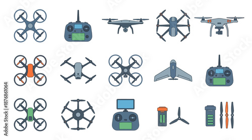 Collection of Various Drone Designs and Accessories.