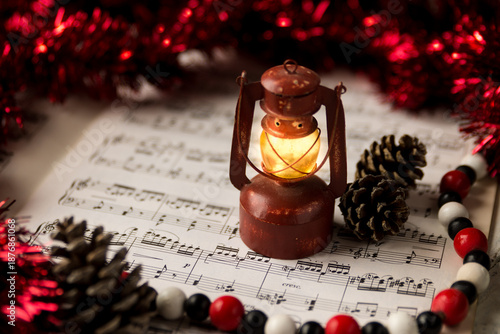 a rustic red lantern and christmas still life