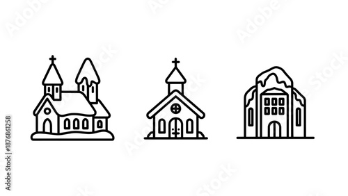 Vector icons of winter churches: snow-capped buildings with steeples and crosses
