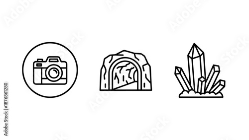 Vector icons of photography, geology, and exploration: camera, cave, crystals