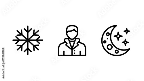 Vector icons: snowflake, person in coat, crescent moon with stars