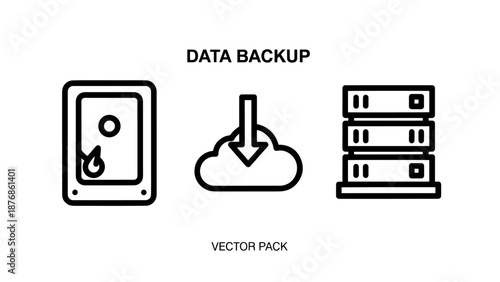 Hard drive, cloud download icon, and server rack representing data backup and storage solutions.