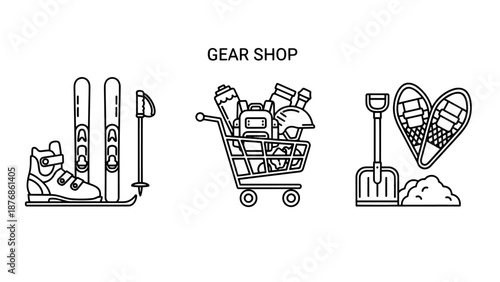 Ski gear, shopping cart full of winter sports equipment, and snow shovel with heart-shaped snowshoes.