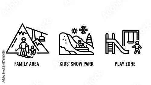 Ski lift with people, child sledding on snowy hill, and playground equipment icons.
