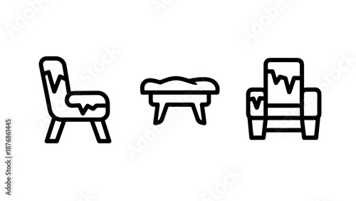 Outline icons of armchair, ottoman, and sofa, representing indoor furniture for comfort.