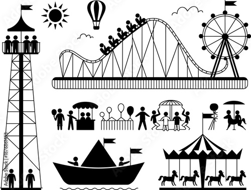 Amusement Park Vector Icon Set Featuring Roller Coaster Ferris Wheel Carousel Horse Ride Observation Tower Carnival Games and Hot Air Balloon Silhouettes