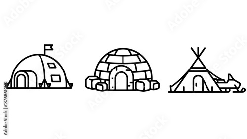 Tent, igloo, and tipi icons representing different types of shelters for camping or cold environments.
