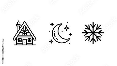 Winter cabin, crescent moon with stars, and snowflake icons for a cozy winter night scene.
