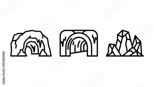 Cave entrance, arched tunnel, and crystal cluster icons for natural geological formations.