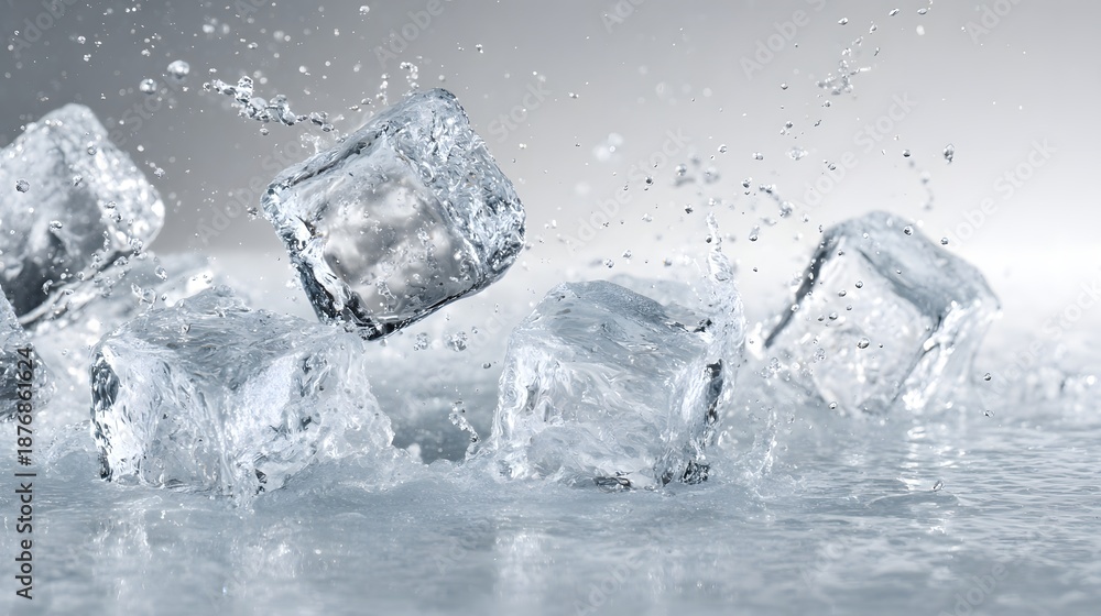 Obraz premium Dynamic Water Splash with Ice Cubes on a Light Gradient Background