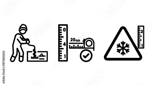 Winter measurement icons: person measuring snow, tape measure, and snowflake warning sign