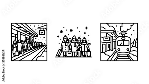 Winter train station scene with waiting passengers, group, and arriving train icons