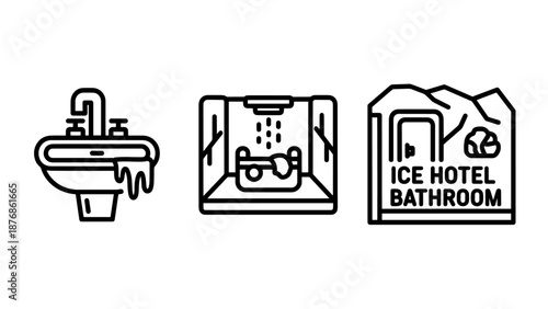 Bathroom icons: sink, shower, and ice hotel bathroom illustration