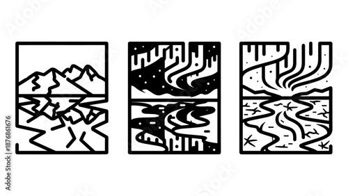 Aurora borealis and celestial icons over mountains and water reflections