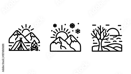 Mountain camping icons: tent, campfire, sun, and winter tree landscape