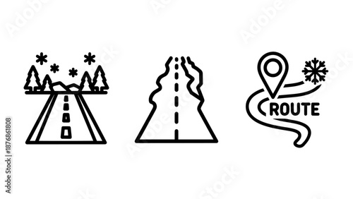 Road trip and travel icons: scenic route through mountains, winding road, and navigation pin.