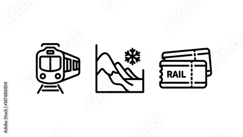 Transportation and travel icons: train, mountain graph, and rail tickets for journey planning.
