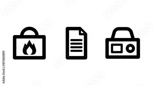 Safety and security icons: fireplace, document, and locked box for home and data protection.