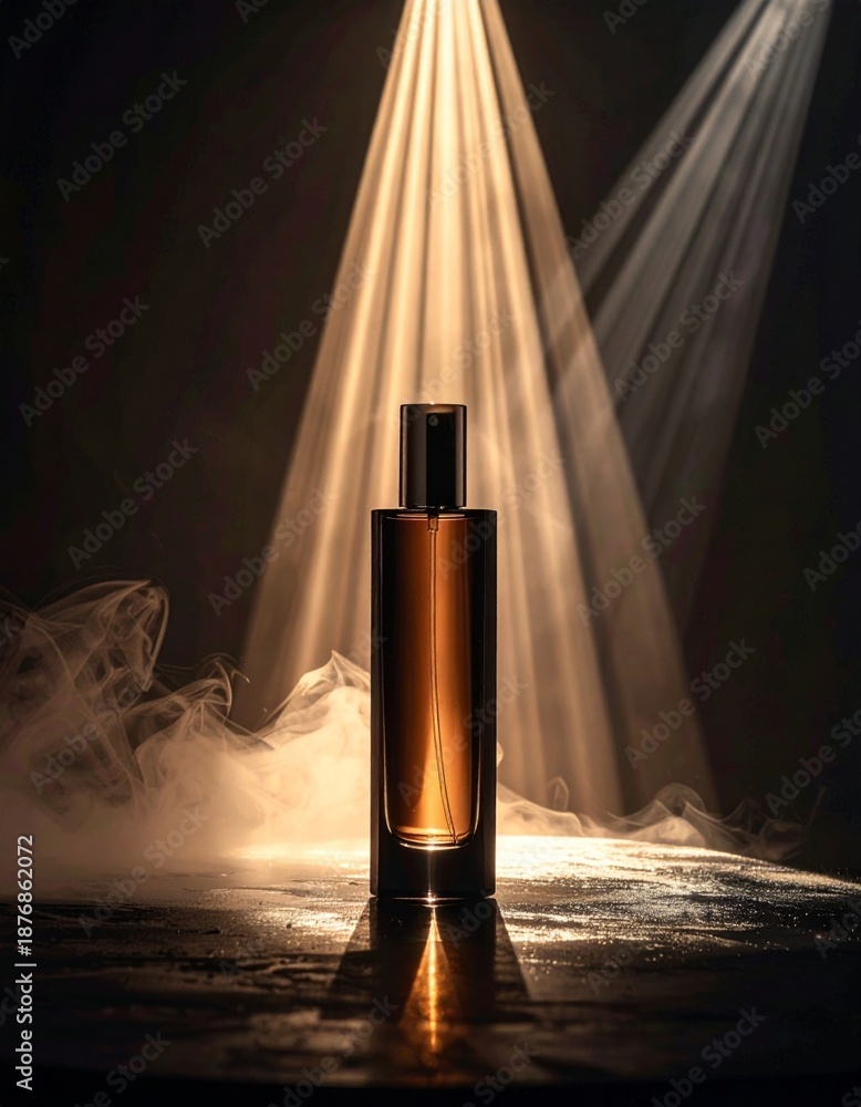 Fototapeta premium Elegant Brown Perfume Bottle Standing on Reflective Surface with Smoke and Spotlight