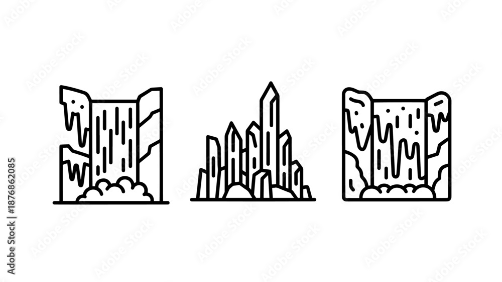 Obraz premium Line art illustrations of frozen waterfalls and sharp crystal formations.
