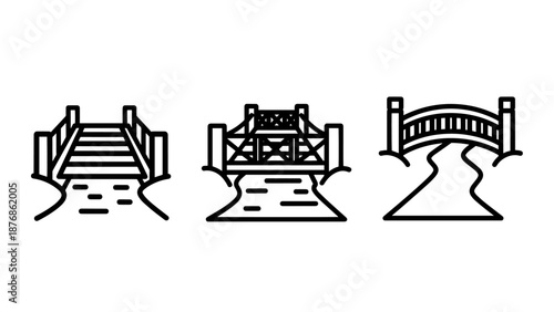 Vector icons of bridges over water: arched bridge with steps, detailed ornate bridge, and curved bridge over a river, showcasing different architectural styles.