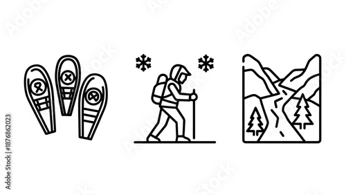 Winter activity icons: snowshoes, hiker with poles, and mountain stream landscape.