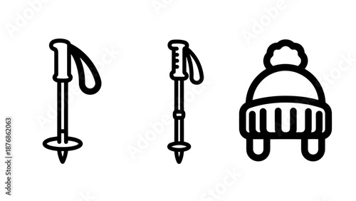 Simple line icons of ski poles and a warm winter hat with a pompom.