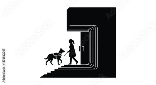 Assistance dog guides person up stairs into building, symbolizing accessibility and independence.