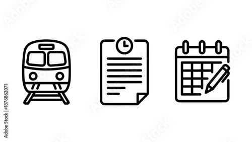 Icons for transportation and scheduling: train, document with clock, and calendar with pen.