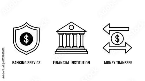 Financial icons: secure shield with dollar sign, bank building, and money transfer arrows.