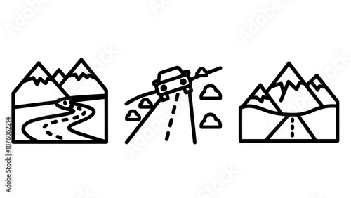 Mountain road and car icons: winding mountain road, car driving on a slippery road, and a highway through mountains.