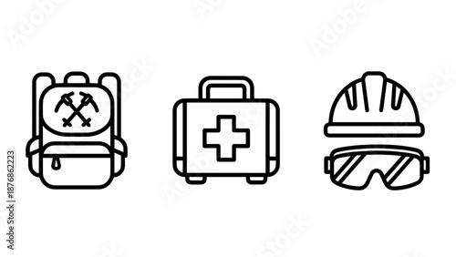 Outdoor survival and safety icons: backpack with crossed ice axes, first aid kit, and hard hat with goggles.