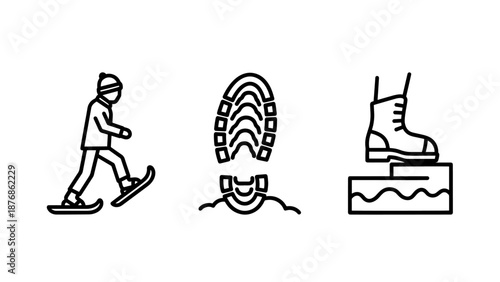 Winter walking icons: person snowshoeing, boot footprint in snow, and a snow boot standing on a block.