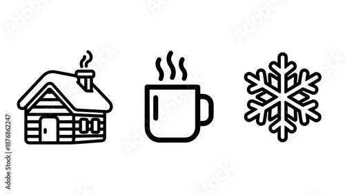 Simple line art icons of a log cabin, steaming mug, and snowflake evoking cozy winter scenes