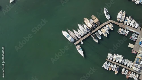 Aerial Drone View of Teatro Margherita and Marina with Boats in Bari, Apulia, Southern Italy on the Adriatic Coastline. Top View