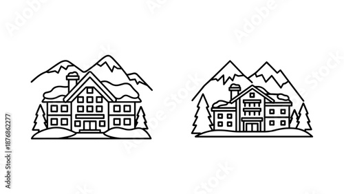 Vector icons of charming winter chalets nestled against snowy mountains and pine trees