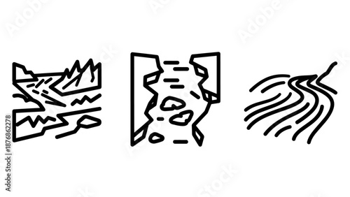 Abstract line art icons depicting geological features: fault lines, cracks, and flowing water or lava