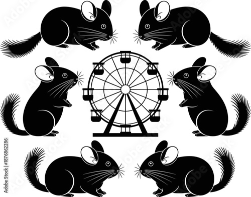 Vector Silhouette Collection Featuring Six Cute Chinchillas in Various Poses Surrounding a Central Ferris Wheel Icon Isolated on White Background