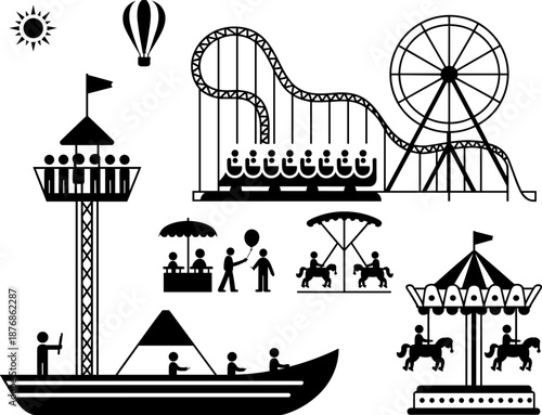 Amusement Park Vector Silhouette Set Featuring Roller Coaster Ferris Wheel Carousel Horse Ride Hot Air Balloon and Carnival Boat Attraction