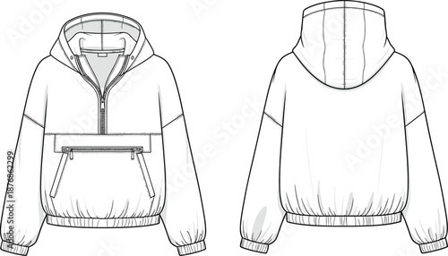Hooded Anorak Jacket Technical CAD Drawing Front and Back View Flat Vector Illustration for Apparel Design and Manufacturing