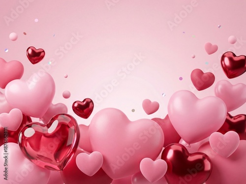 Group of 3D pink and red heart balloons with confetti on soft pink background