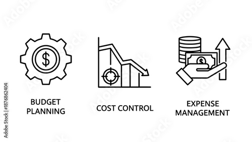 Financial management icons: gear with dollar sign, falling graph, hand holding money, representing budget planning, cost control, and expense management.