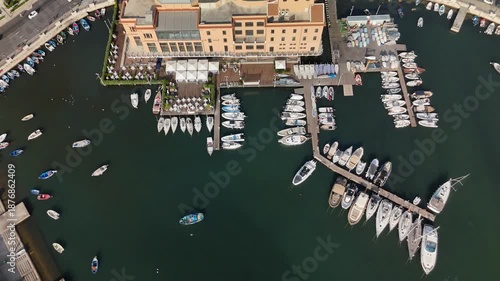 Aerial Drone View of Teatro Margherita and Marina with Boats in Bari, Apulia, Southern Italy on the Adriatic Coastline. Top View