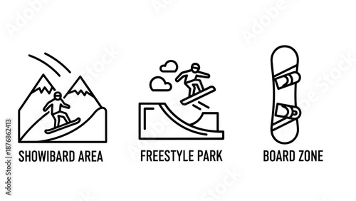 Snowboarding icons: action on slope, freestyle jump, snowboard, representing different aspects of snowboarding and winter sports in a minimalist line art style.