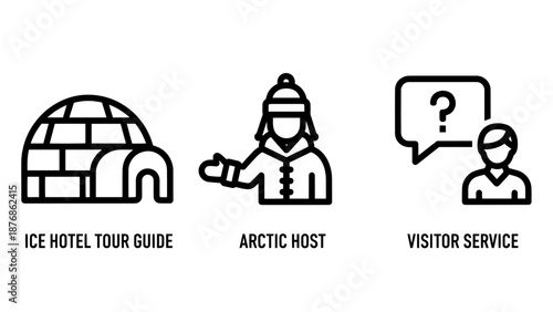 Arctic and tourism icons: igloo, tour guide, visitor services, representing arctic travel, ice hotels, and hospitality in a clean line art style.
