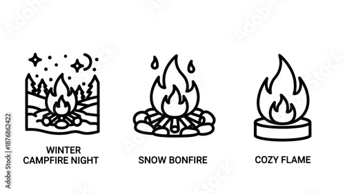 Cozy winter night icons: campfire under starry sky, bonfire with flames, cozy fire pit, evoking warmth, comfort, and serene winter evenings.