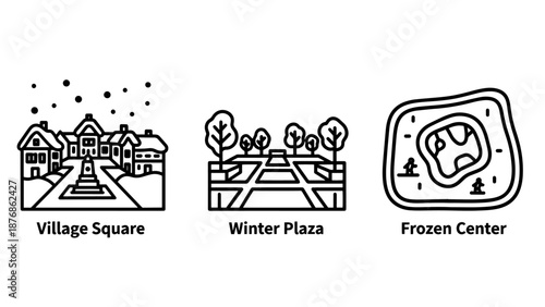 Winter village and plaza icons: quaint village square, snowy park plaza, frozen outdoor center, depicting charming winter town scenes and public spaces.