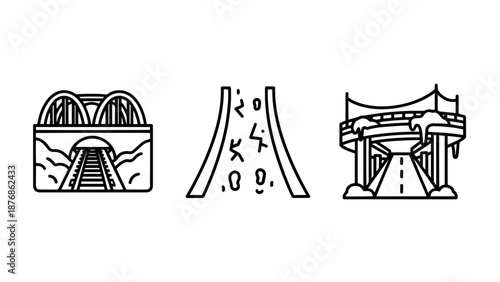 Bridge and road icons: arched railway bridge, abstract road, elevated highway, representing infrastructure, transportation, and travel routes in a minimalist line art style.