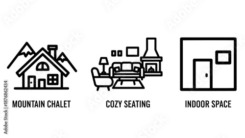 Cozy mountain retreat icons: chalet, fireplace seating area, indoor space, representing a warm and comfortable mountain getaway in a minimalist line art style.