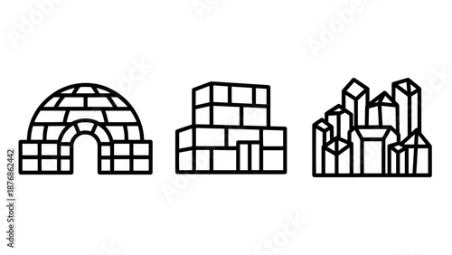 Dwelling icons: igloo, brick building, stylized city, representing different types of shelters and urban environments in a simple line art vector style.